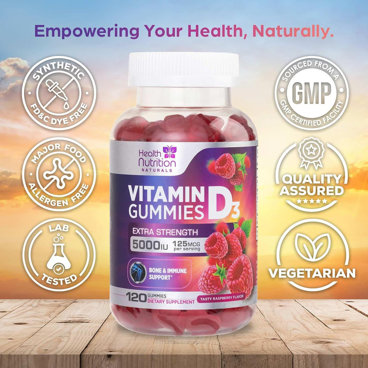 Health Nutrition Naturals Vitamin D3 Gummies 5000 IU – Contributes to Normal Immune Function and Bone Maintenance, Raspberry Flavoured, 120 Gummies - görsel 4