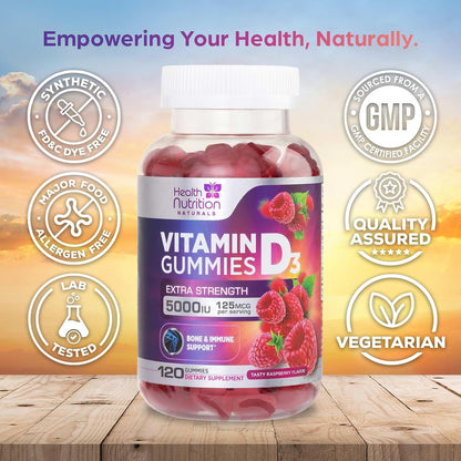 Health Nutrition Naturals Vitamin D3 Gummies 5000 IU – Contributes to Normal Immune Function and Bone Maintenance, Raspberry Flavoured, 120 Gummies