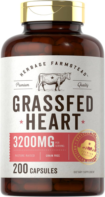 Carlyle Grass Fed Beef Heart Supplement - 3200mg - 200 Count - Desiccated Pasture Raised Bovine Capsules - Non-GMO, Gluten-free