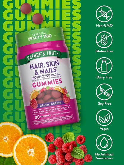Nature's Truth Hair, Skin & Nails Gummies, 2500 mcg Biotin, Fruit Flavour, 80 Count (Pack of 2)
