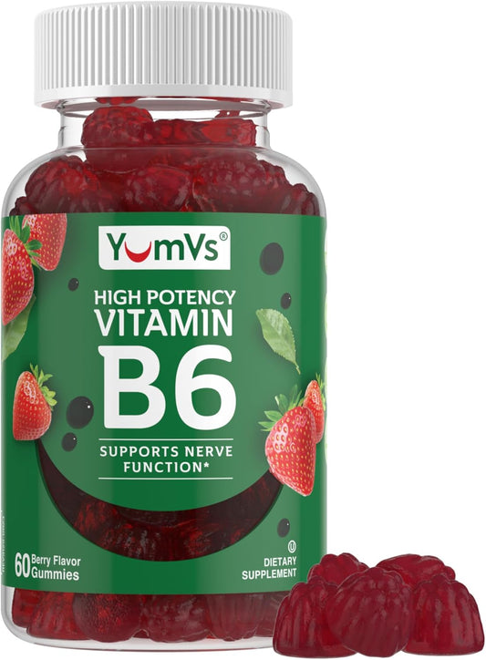 YUM-V'S Vitamin B6 Gummies - High Strength Vitamin B6 100mg - Strawberry Flavour B6 Vitamins Gummies - Nerve and Immune Support, Non-GM Kosher, 60 Count