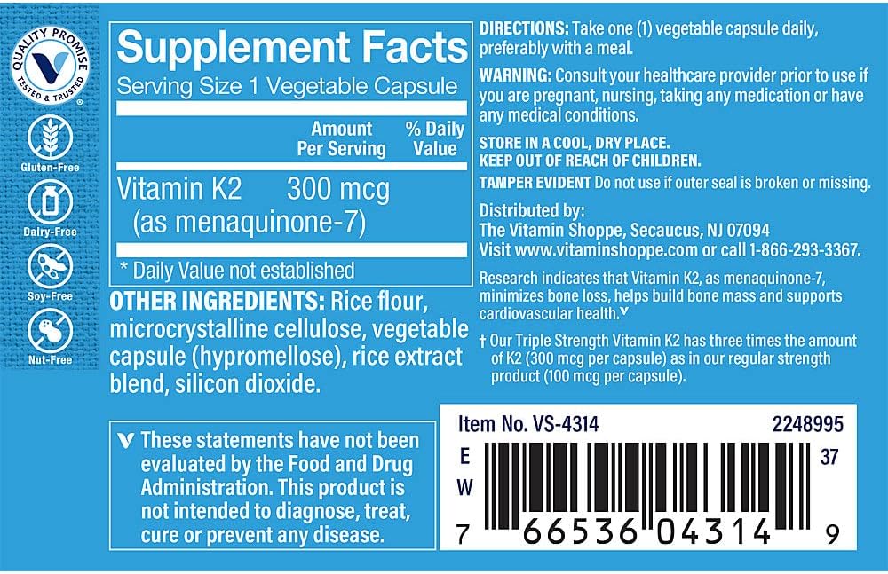 The Vitamin Shoppe Vitamin K2 MK-7 300mcg Triple Strength – Bone & Heart Health - görsel 2