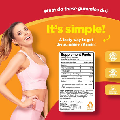 Phytoral Chewable Vitamin D3 Gummies for Adults - 2000 IU - Immune & Bone Health - 60 Count