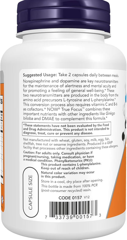 NOW Foods True Focus™ with Amino Acids, Ginkgo, DMAE, CoQ10 and Grape Seed Extract, 90 Veg Capsules