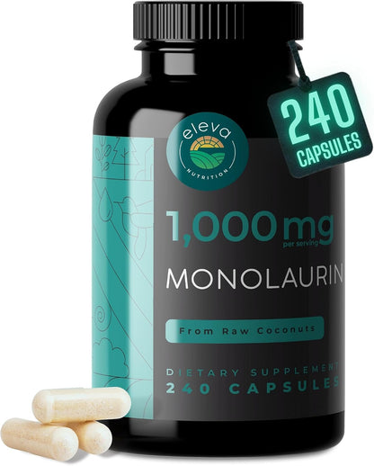Monolaurin 1000mg Capsules – Pure Glycerol & Lauric Acid from Raw Coconut – Vegan, Non-GM, Soya-free – 240 Capsules