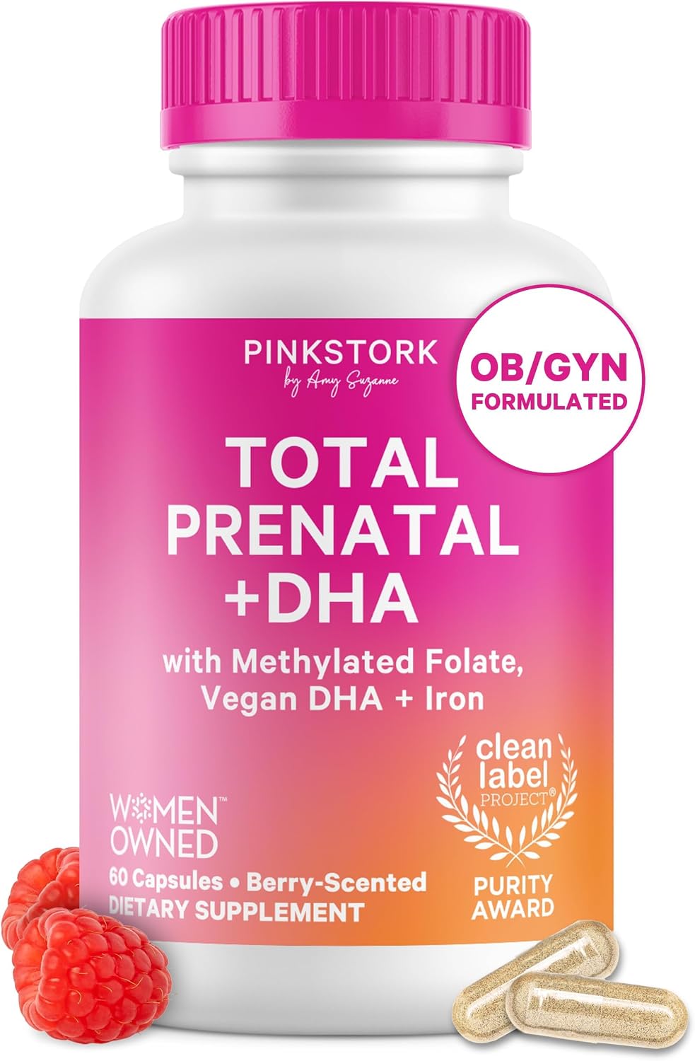 Pink Stork Total Prenatal Vitamins with Vegan DHA, Methylfolate, Iron, Choline - 60 Capsules - görsel 1