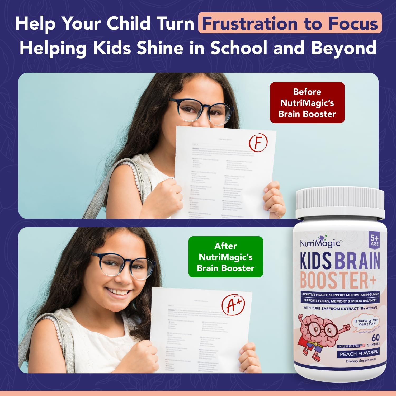 NutriMagic Children's Brain Booster+ 30mg Saffron-Based Multivitamin Gummies for Brain Health Support, Saffron Extract Gummies, Vitamin D3, B6, B12, Zinc, 120 Non-GMO Gummies (Pack of 2) - görsel 5