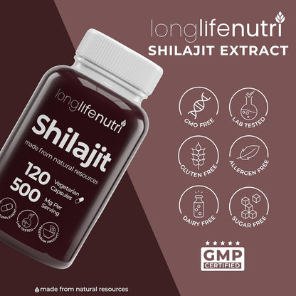 Shilajit Pure Himalayan Extract 500mg with 15% Fulvic Acid 500mg - 120 Vegetarian Capsules, 4 Month Supply, Organic Supplement for Vitality & Mental Clarity, Made in USA, Gluten-free, Non-GMO