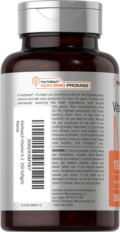 Horbäach Vitamin K2 MK7 100mcg | 250 Softgels | Non-GMO, Gluten-free Supplement
