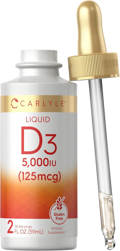 Carlyle Vitamin D3 Liquid Drops, 5000 IU (125 mcg), 2 oz - Vegetarian, Non-GMO, Gluten-free Supplement
