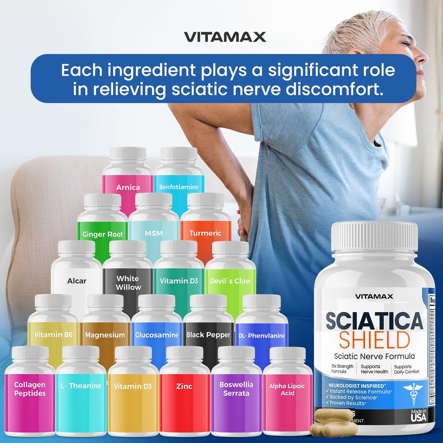 Sciatic Nerve Comfort Supplement – 10-Ingredient Formula with Alpha Lipoic Acid, Turmeric, Glucosamine, MSM, Vitamin B Complex – 60 Capsules - görsel 3