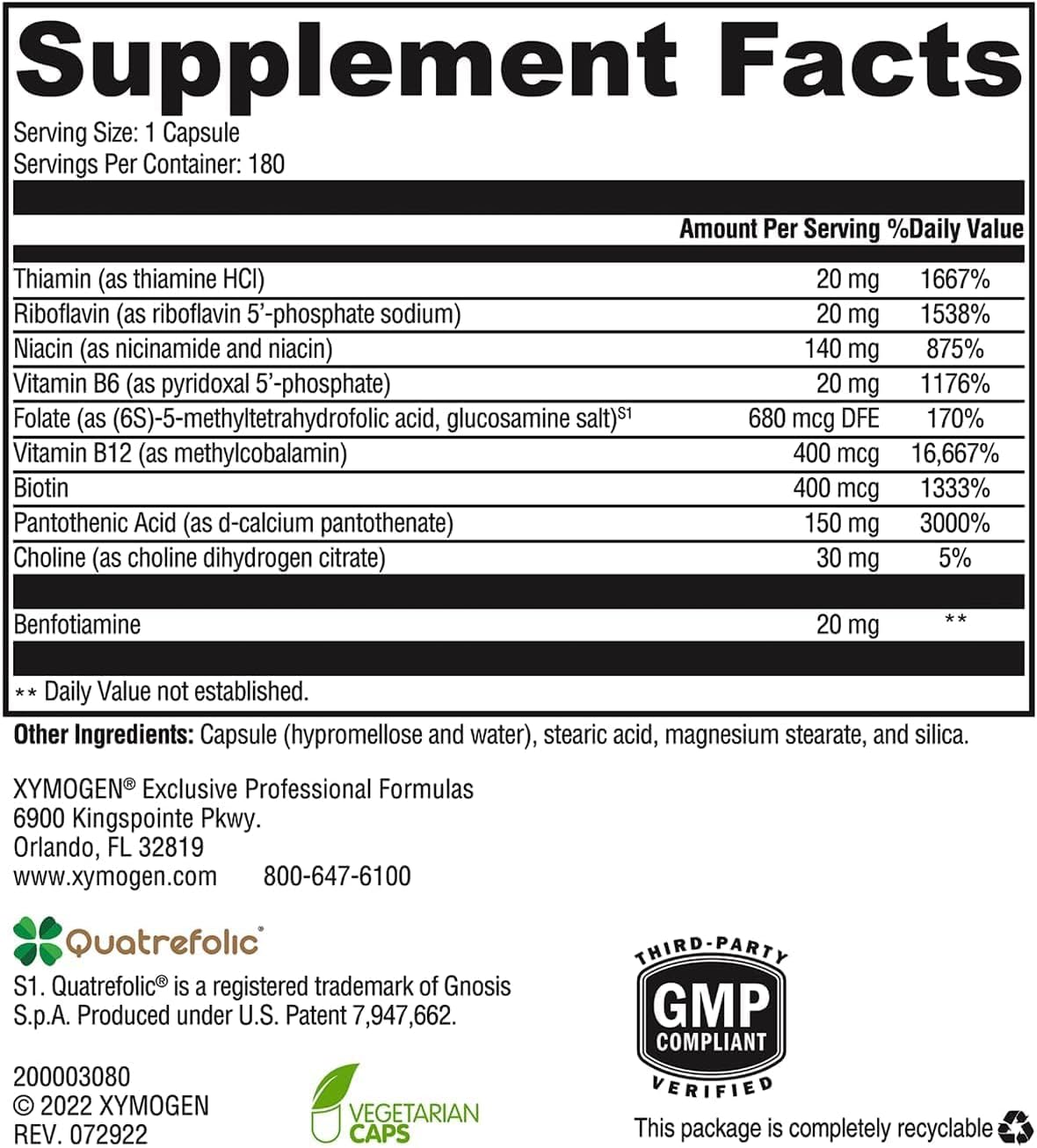 XYMOGEN B Activ - B Vitamin Supplement for Carbohydrate Metabolism Support - Supports Nervous System & Energy-Yielding Metabolism - Gluten-Free & Vegetarian - 180 Capsules (Pack of 1) - görsel 2