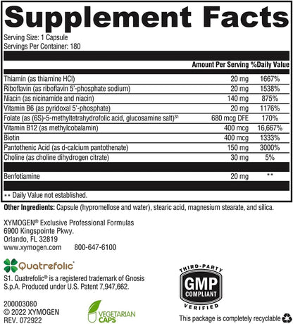 XYMOGEN B Activ - B Vitamin Supplement for Carbohydrate Metabolism Support - Supports Nervous System & Energy-Yielding Metabolism - Gluten-Free & Vegetarian - 180 Capsules (Pack of 1)