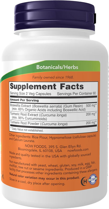 NOW Foods Boswellia Extract 250 mg with Turmeric Root Extract, 120 Veg Capsules