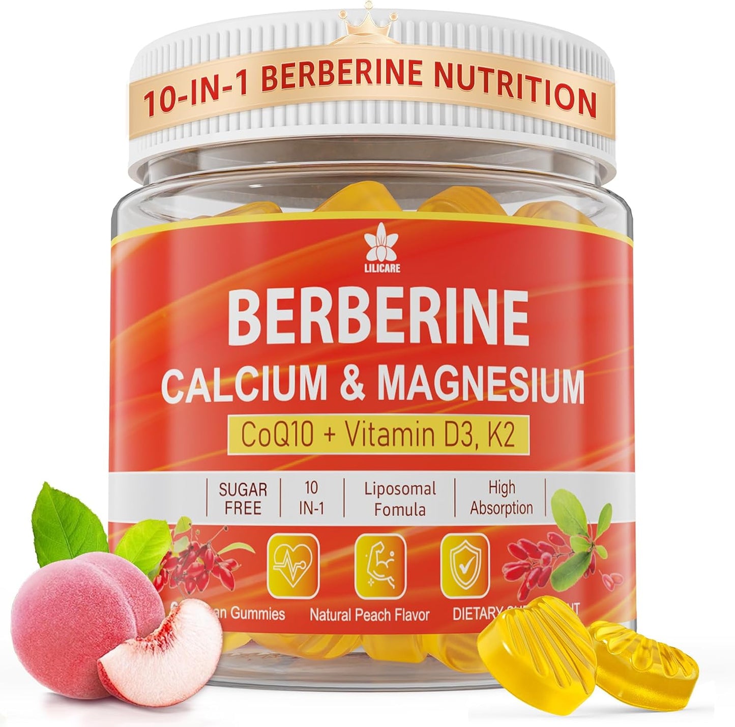 LILICARE Berberine Gummies Sugar Free, Extra Absorption with Liposomal Berberine & Berberine HCI, Calcium, Magnesium, AMPK Activator, Vegan, Pack of 1 - görsel 1