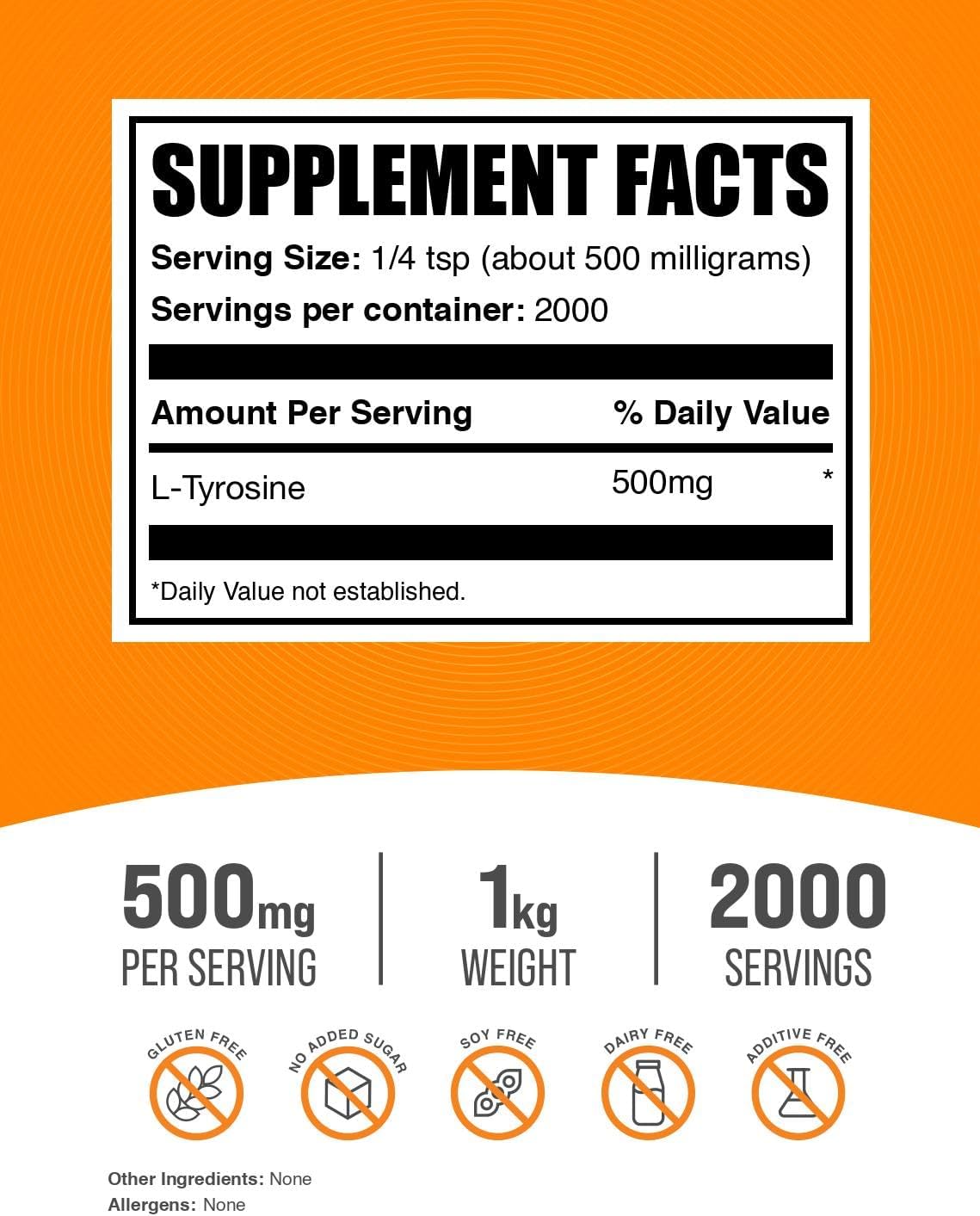 BulkSupplements.com L-Tyrosine Powder - Sports Nutrition, Amino Acid Supplement - Unflavoured & Gluten-free, 500mg per Serving, 1kg (2.2 lbs) - görsel 2