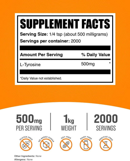 BulkSupplements.com L-Tyrosine Powder - Sports Nutrition, Amino Acid Supplement - Unflavoured & Gluten-free, 500mg per Serving, 1kg (2.2 lbs)