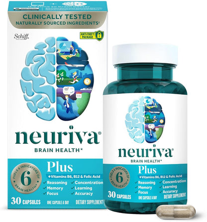 NEURIVA Plus Brain Supplement for Memory and Focus, with Vitamin B6, B12, Folic Acid, 30 Capsules