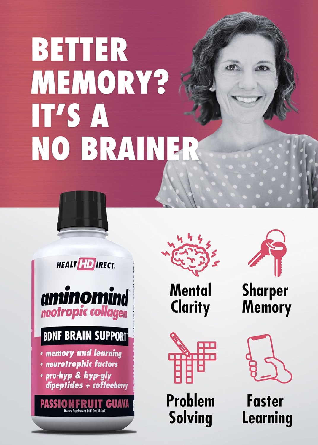 HEALTH DIRECT - AminoMind - Nootropic Collagen Supplement for Brain Health and BDNF - Pro-Hyp & Hyp-Gly Dipeptides, Coffeeberry Antioxidants - Passionfruit Guava - 400 ml (28 Servings) - görsel 2