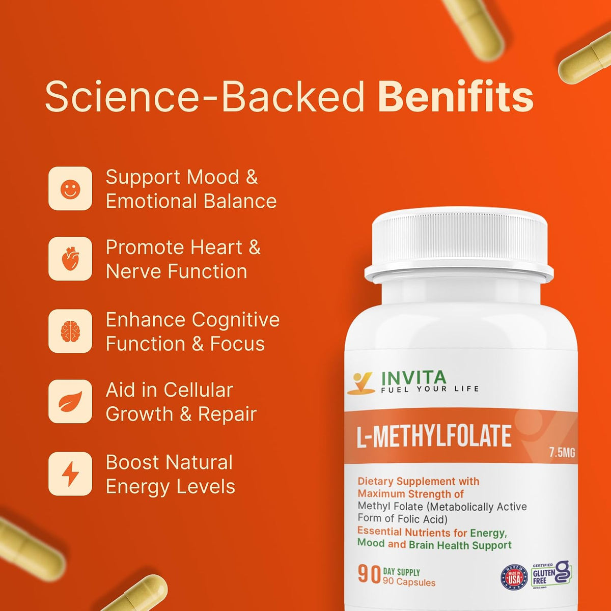 INVITA L-Methylfolate 7.5mg – Active Methyl Folate Supplement – 90 Capsules - görsel 5