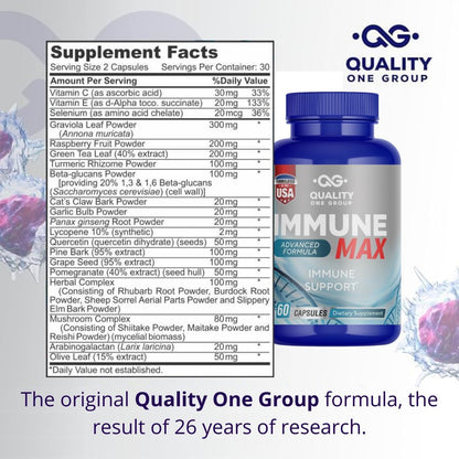 Immune Support Complex Food Supplement with Vitamin C, E, Quercetin, Graviola, Garlic, Selenium, Grape Seed, Advanced Immune Defence, Supports Overall Health, Provides Vital Nutrients & Antioxidants