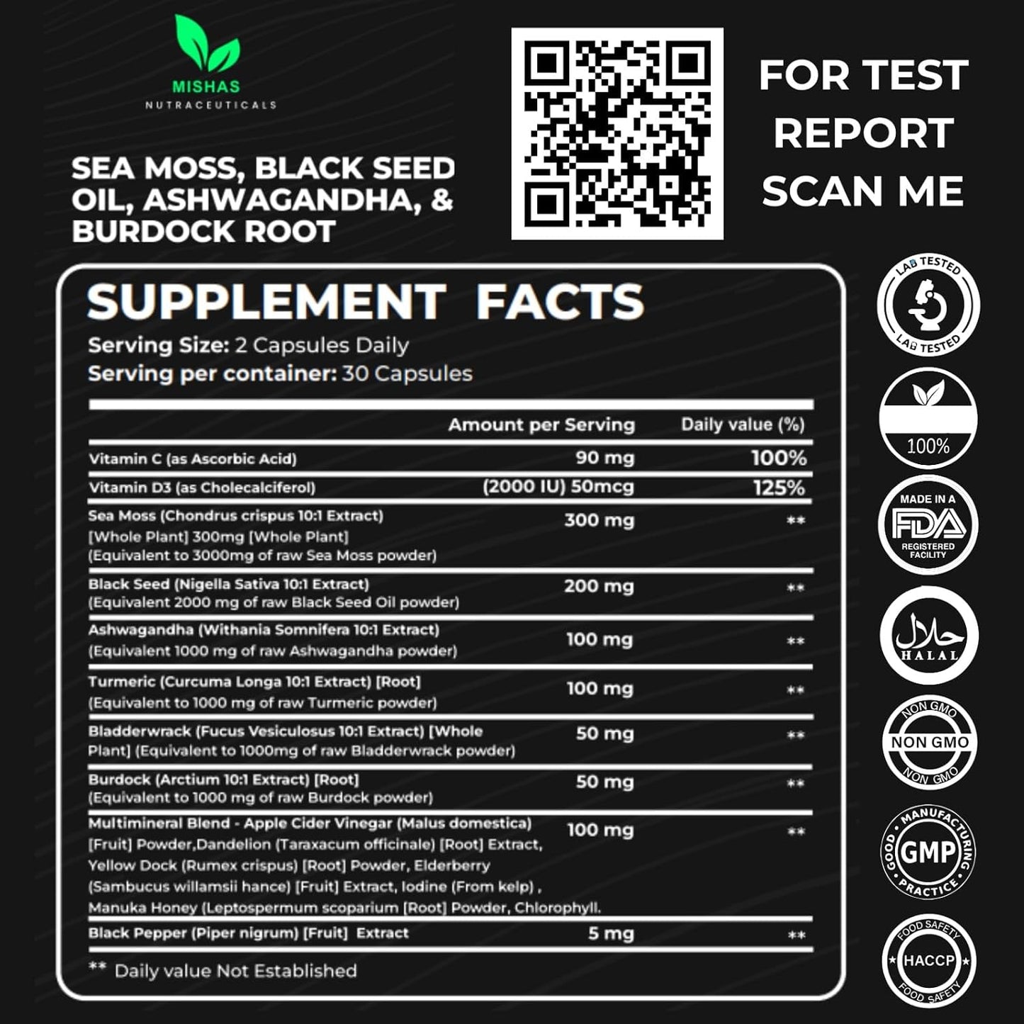 Mishas Nutraceuticals Sea Moss Blend with Black Seed Oil, Ashwagandha, Turmeric, Bladderwrack, Burdock Root, Vitamin C & D3, Elderberry, Manuka, Dandelion, Yellow Dock, Iodine, Chlorophyll & ACV - görsel 2