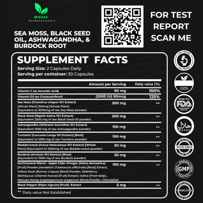 Mishas Nutraceuticals Sea Moss Blend with Black Seed Oil, Ashwagandha, Turmeric, Bladderwrack, Burdock Root, Vitamin C & D3, Elderberry, Manuka, Dandelion, Yellow Dock, Iodine, Chlorophyll & ACV