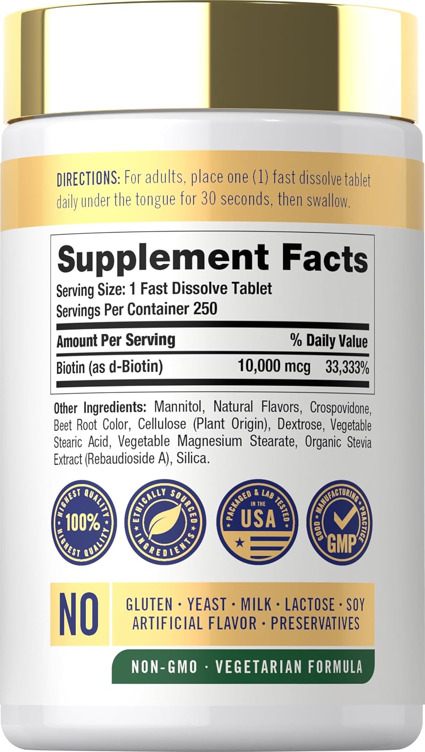 Carlyle Biotin 10000mcg Fast Dissolve Tablets, 250 Count - Max Strength, Vegetarian, Non-GM, Gluten-free - görsel 2