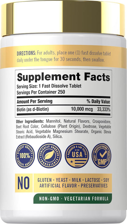 Carlyle Biotin 10000mcg Fast Dissolve Tablets, 250 Count - Max Strength, Vegetarian, Non-GM, Gluten-free