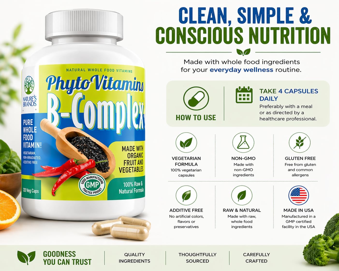 Nature's Brands Organic Whole Food Vitamin B Complex - 120 Vegetarian Capsules - görsel 5