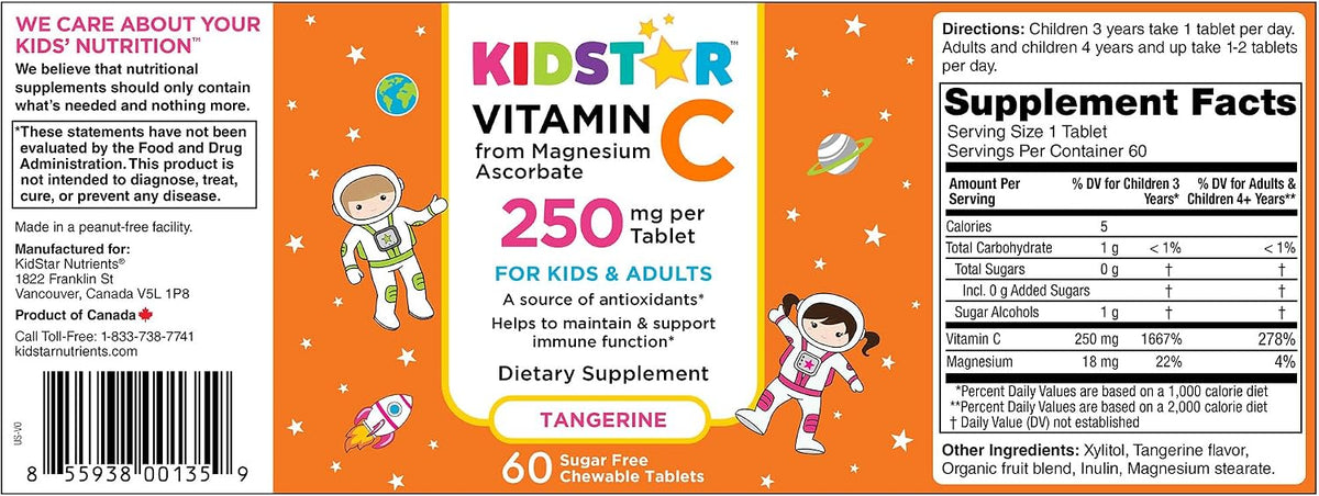 KidStar Nutrients Vitamin C Chewable Tablet, Sugar-Free, Tangerine Flavour, 250mg Magnesium Ascorbate, 60 Tablets - görsel 2
