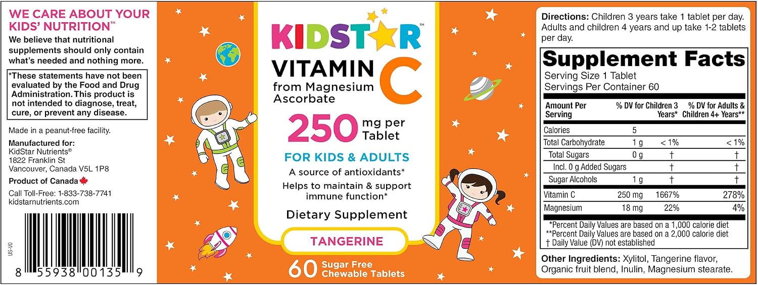KidStar Nutrients Vitamin C Chewable Tablet, Sugar-Free, Tangerine Flavour, 250mg Magnesium Ascorbate, 60 Tablets - görsel 2