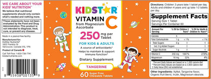 KidStar Nutrients Vitamin C Chewable Tablet, Sugar-Free, Tangerine Flavour, 250mg Magnesium Ascorbate, 60 Tablets