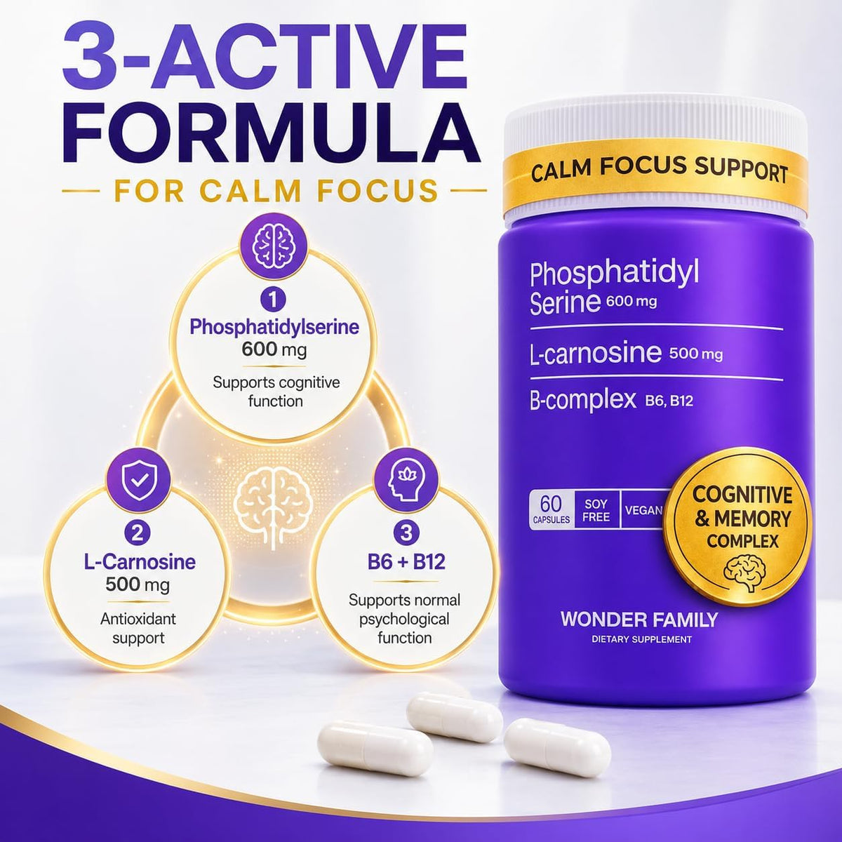 Phosphatidylserine 600 mg with L-Carnosine 500 mg + B6, B12 & Folate | Non-Soya Sunflower Lecithin PS Complex | Plant-Based, Non-GM | 60 Capsules - görsel 3