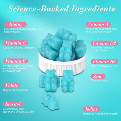 Lazpowfi Biotin Gummies - Hair, Skin and Nails Vitamins, Vegan, Blueberry, 60-Day Supply