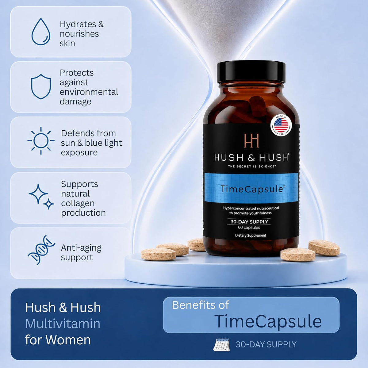 Hush & Hush Beauty Multivitamin for Women – Marine Collagen, Hyaluronic Acid, Vitamin C & B12 for Skin Radiance & Vitality – 60 Tablets - görsel 3