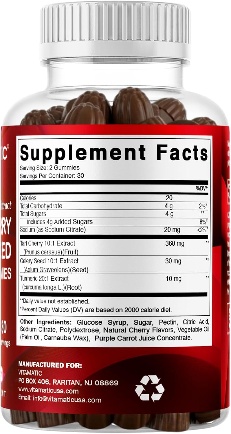 Vitamatic Tart Cherry Gummies with Celery Seed & Turmeric - 3-in-1 Formula, 60 Gummies (Pack of 2) - görsel 9