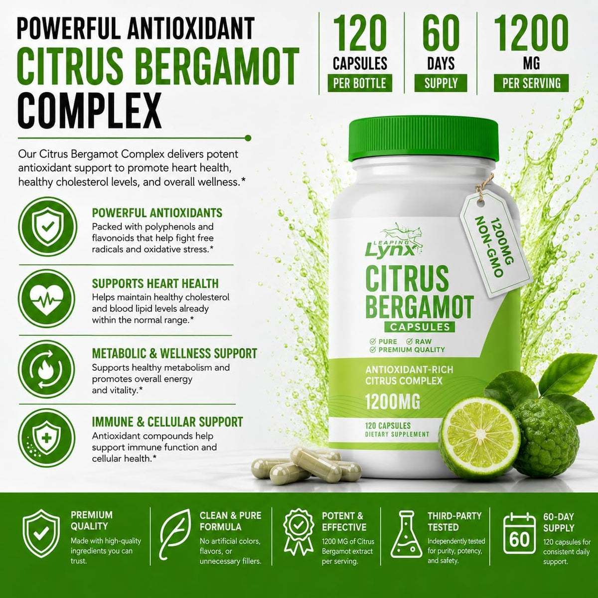 Leaping Lynx Citrus Bergamot 1200 mg – Heart Health & Cholesterol Support, 120 Capsules - görsel 6