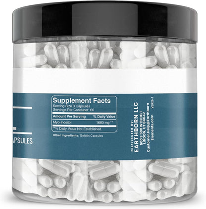 Earthborn Elements Pure Inositol 200 Capsules - Undiluted, No Additives, 500 mg