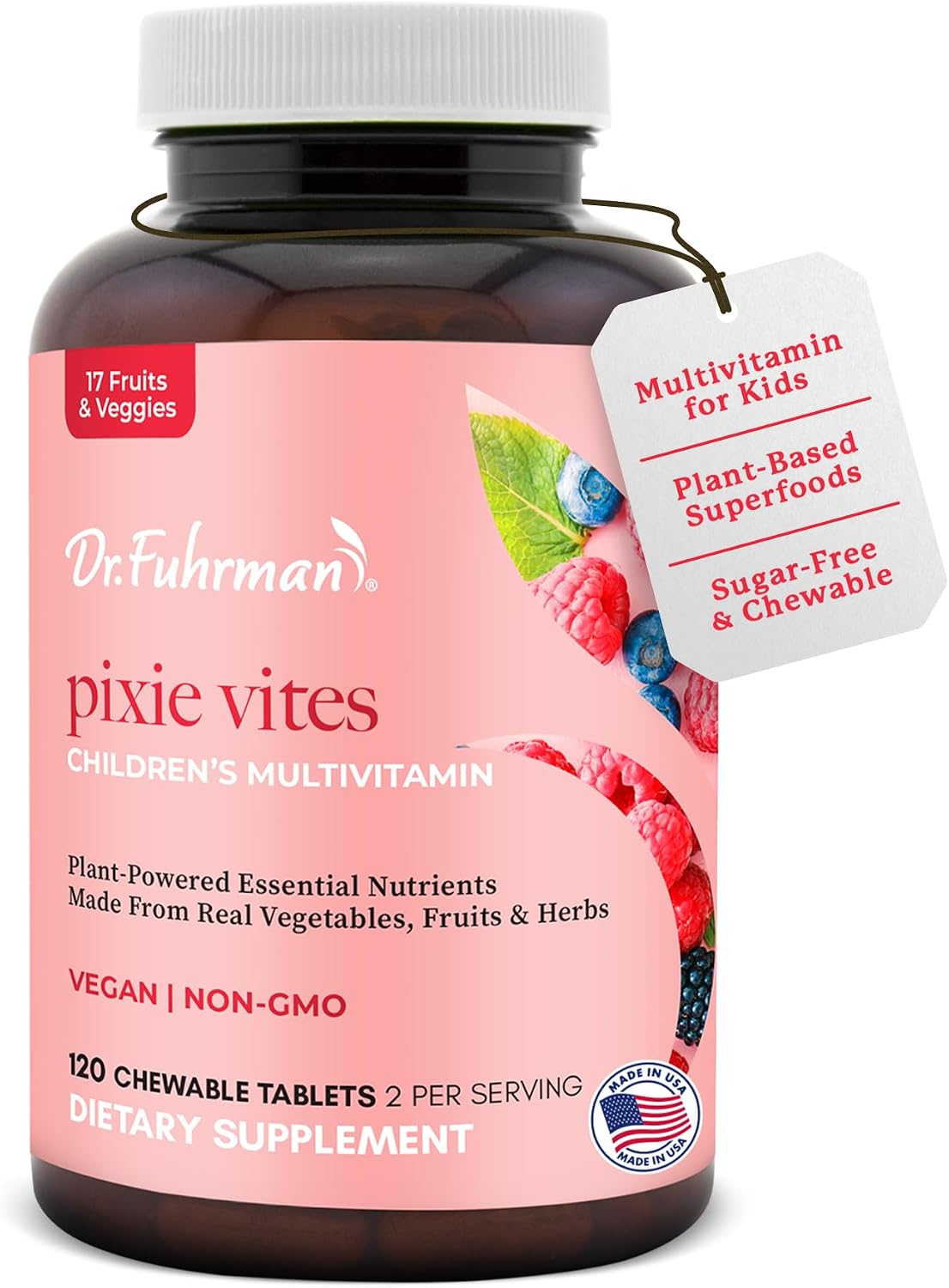 Dr. Fuhrman Pixie Vites Chewable Children's Multivitamin - Whole Food Kids Multi with Vitamin D3, K2 & Zinc - Sugar Free, Vegan, Non-GMO - Berry Flavour - 120 Tablets - görsel 9