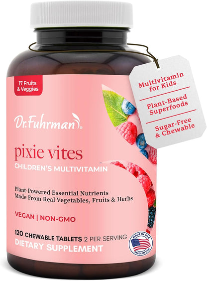 Dr. Fuhrman Pixie Vites Chewable Children's Multivitamin - Whole Food Kids Multi with Vitamin D3, K2 & Zinc - Sugar Free, Vegan, Non-GMO - Berry Flavour - 120 Tablets