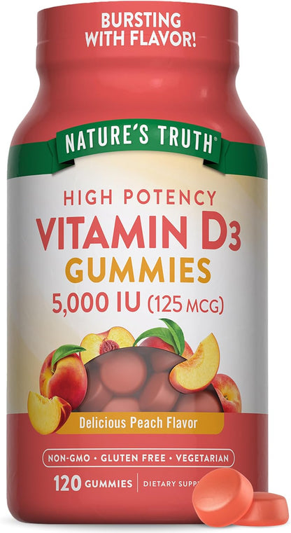Nature's Truth Vitamin D3 Gummies, 5000 IU - 120 Gummies, Vegetarian, Non-GMO, Gluten-Free, Natural Peach Flavour