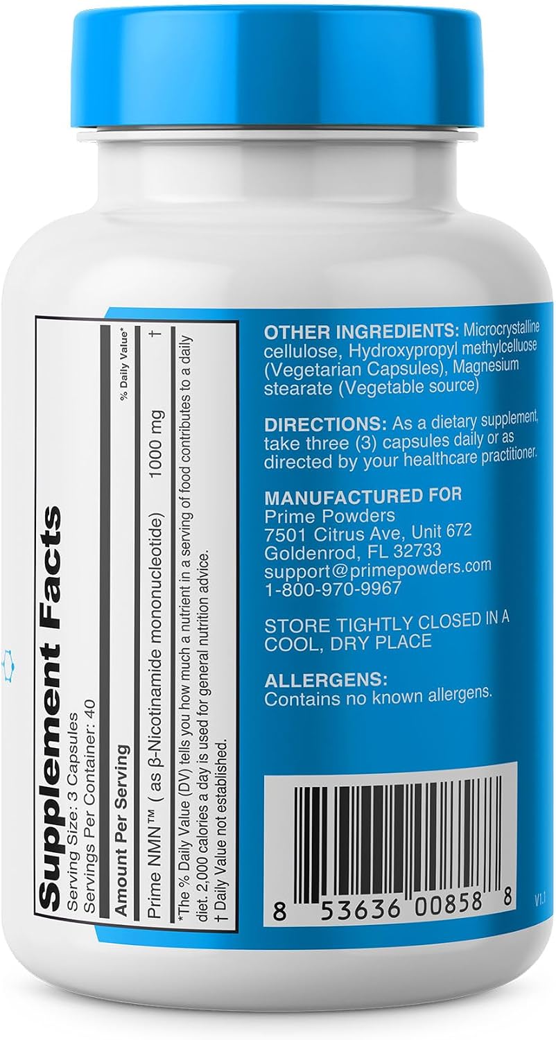 Prime Powders NMN Capsules – 1000mg Stabilised Nicotinamide Mononucleotide – Extra Strength – 120 Vegetarian Capsules - görsel 4