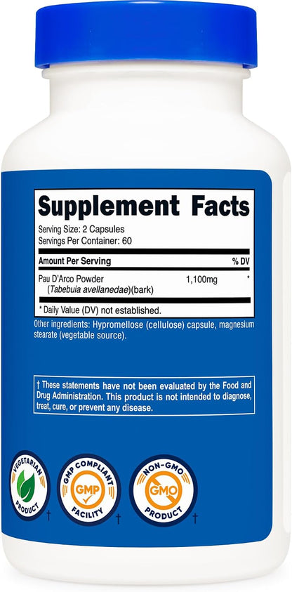 Nutricost PAU D'Arco Inner Bark 1100mg, 120 Vegetarian Capsules (60 Serv) - Non-GMO & Gluten-free