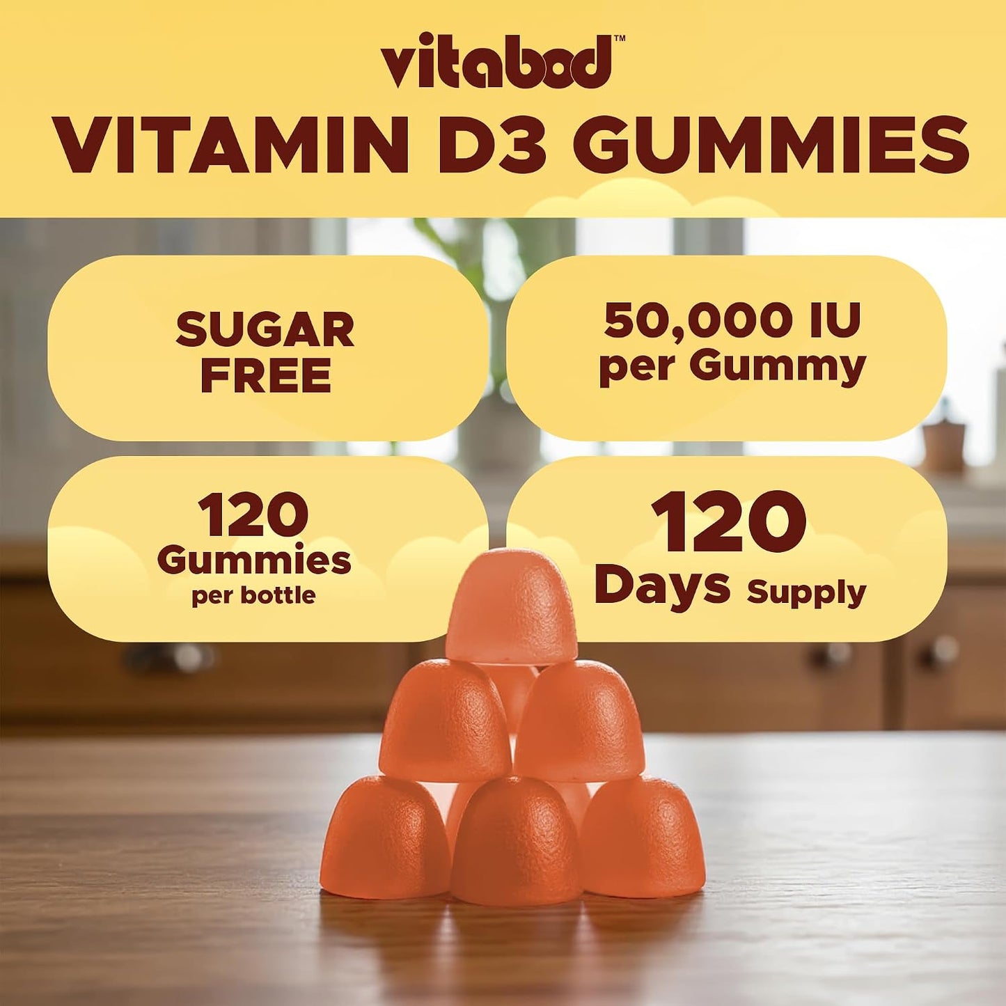 Vitabod Sugar-Free Vitamin D3 50,000 IU Weekly Gummies – Bone, Teeth, and Immune Support – Non-GMO, Easy-to-Chew – 120 Count - görsel 6