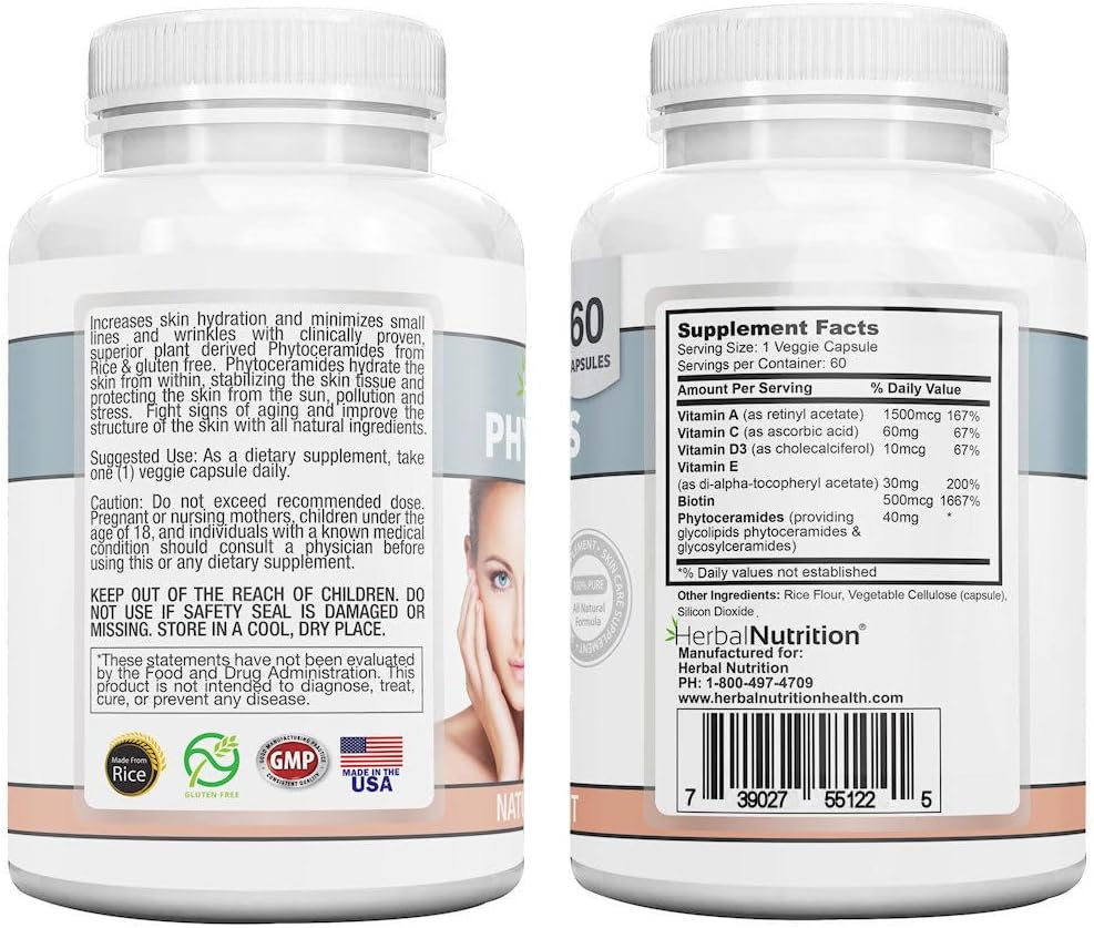 Herbal Nutrition Phytoceramides from Rice with Biotin and Vitamins A, C, D, E - 40mg, 180 Capsules (3-Pack) - görsel 7