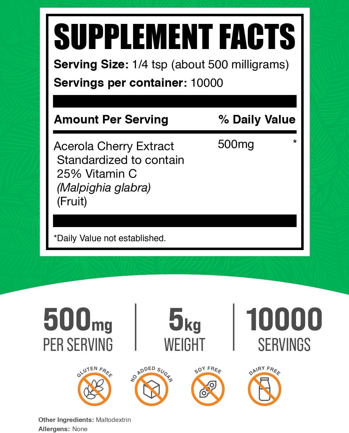 BulkSupplements.com Acerola Cherry Extract Powder - Natural Vitamin C Supplement, Vegan & Gluten-free, 500mg per Serving, 1kg (2.2 lb) (Pack of 5) - görsel 2