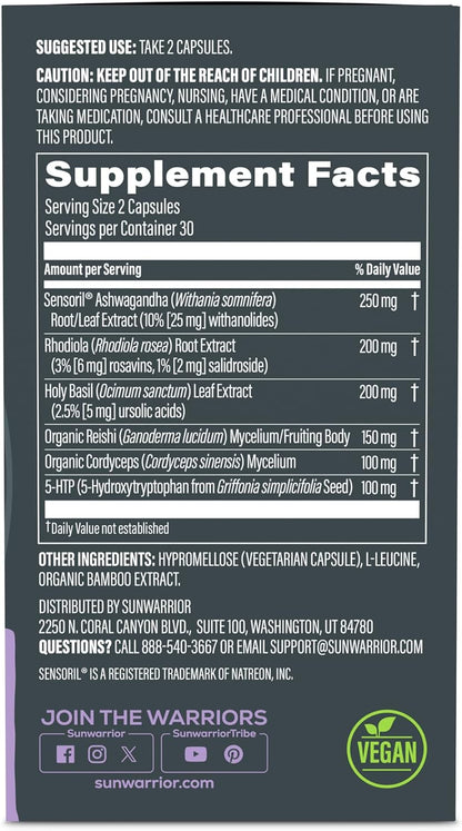 Sunwarrior Active Focus & Balance - Adaptogenic Nootropic Blend with Ashwagandha, Rhodiola, Reishi and 5-HTP (60 Vegan Capsules)