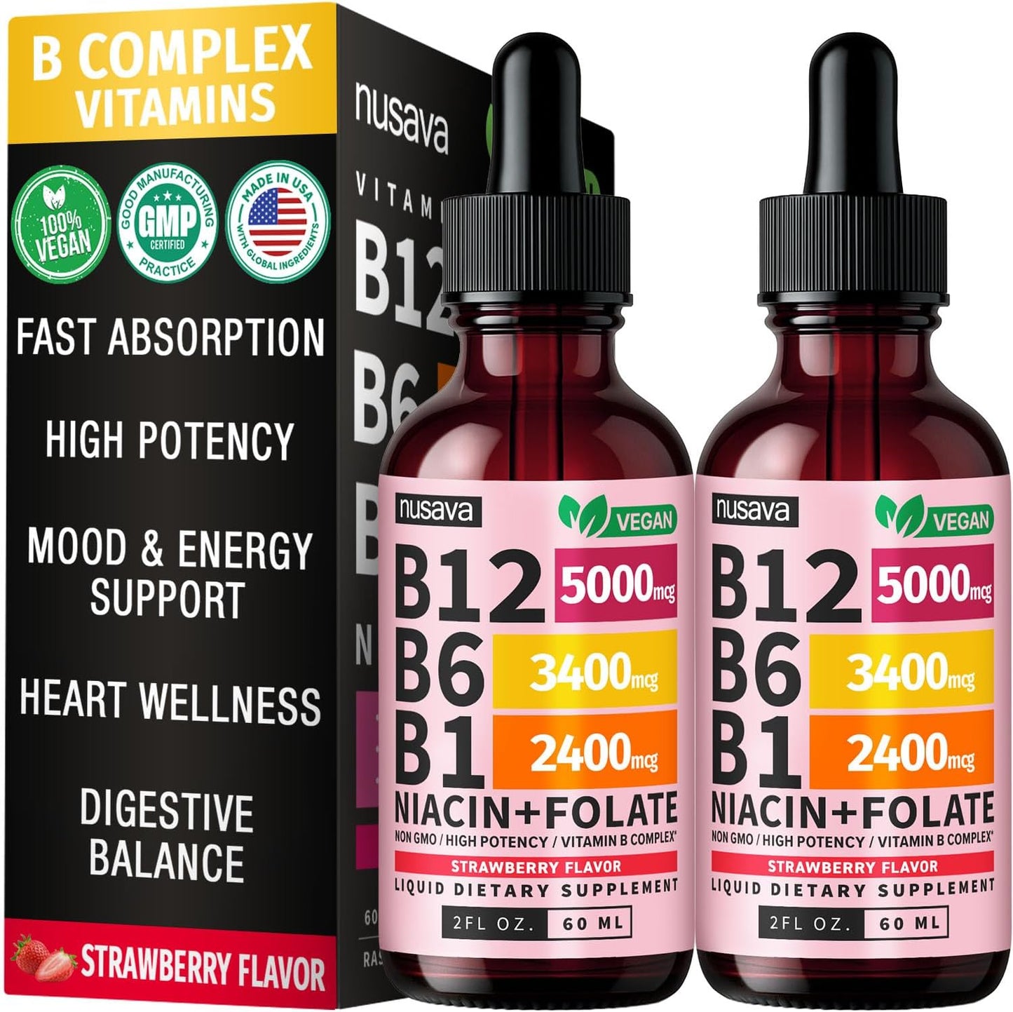 NUSAVA Vitamin B12 Liquid Drops 5000mcg - B-Complex with B6 and B1 - Sublingual Methylcobalamin, Vegan, Non-GM, Strawberry Flavour (2 Pack) - görsel 1