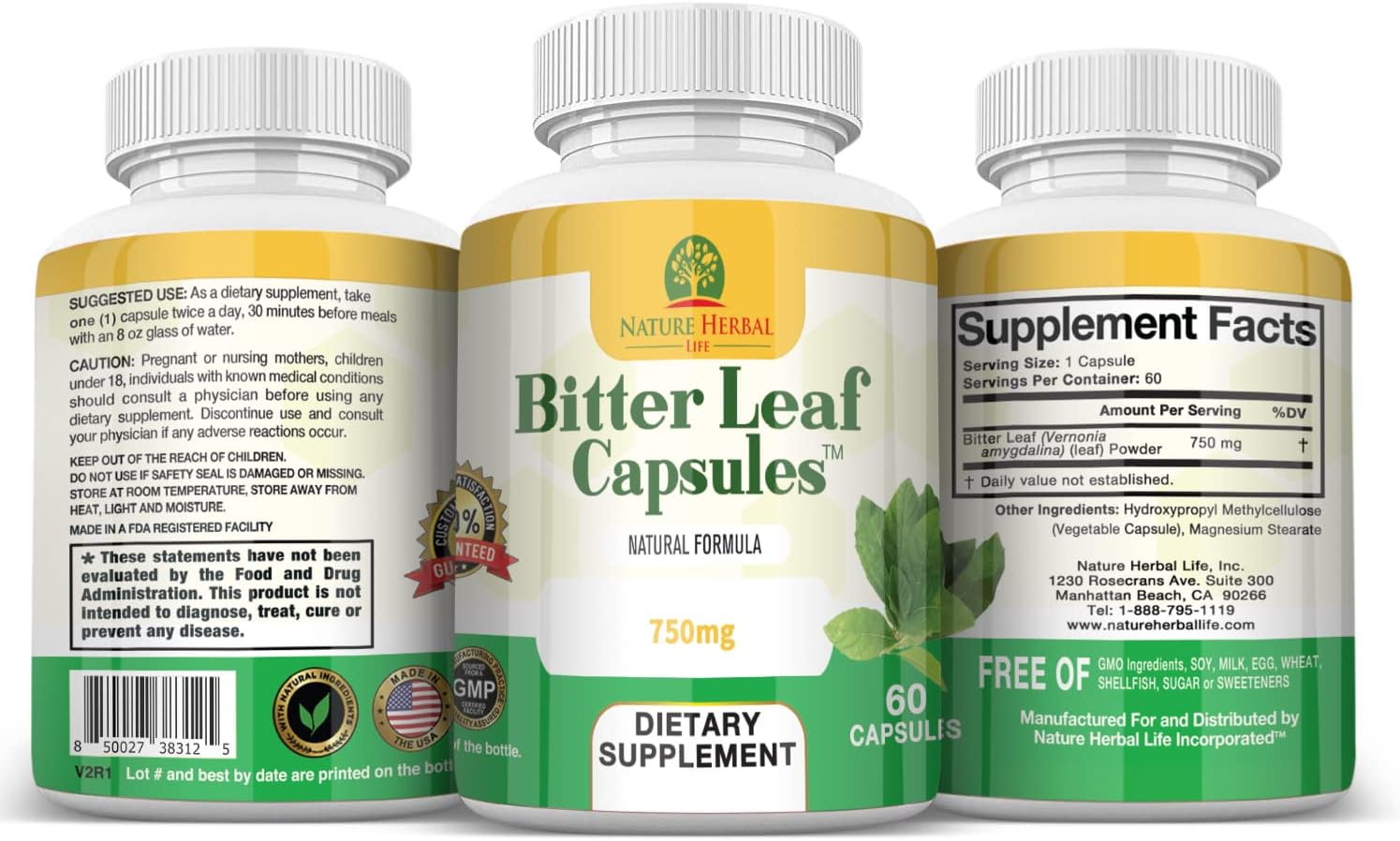 Nature Herbal Life Bitter Leaf Capsules - 750 mg, 60 Capsules - Natural Herbal Food Supplement - görsel 3